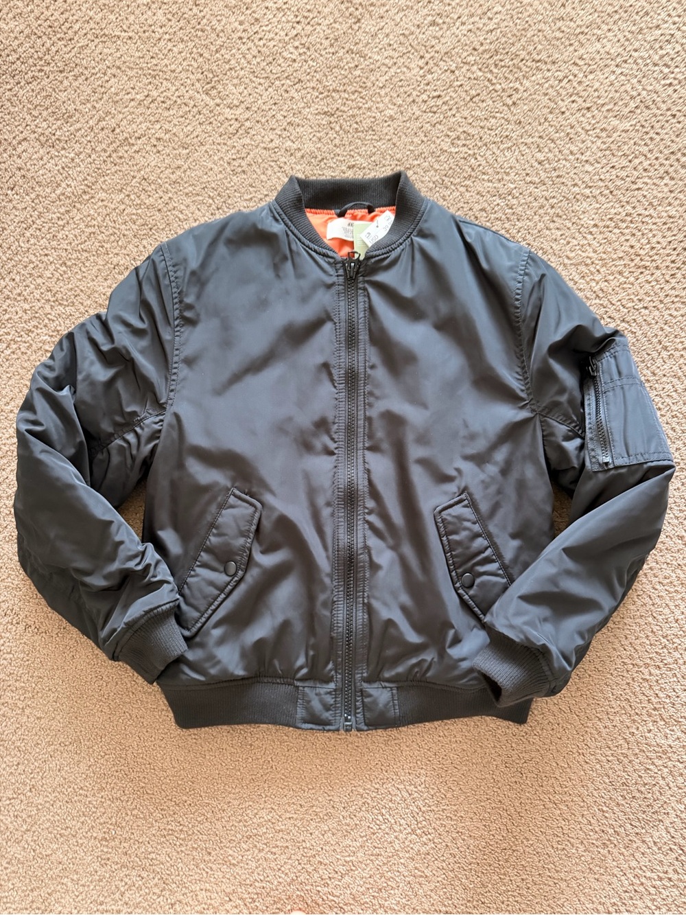 H&M Boys’ Black Quilted Bomber Jacket with Orange Lining - Size 12-13Y
